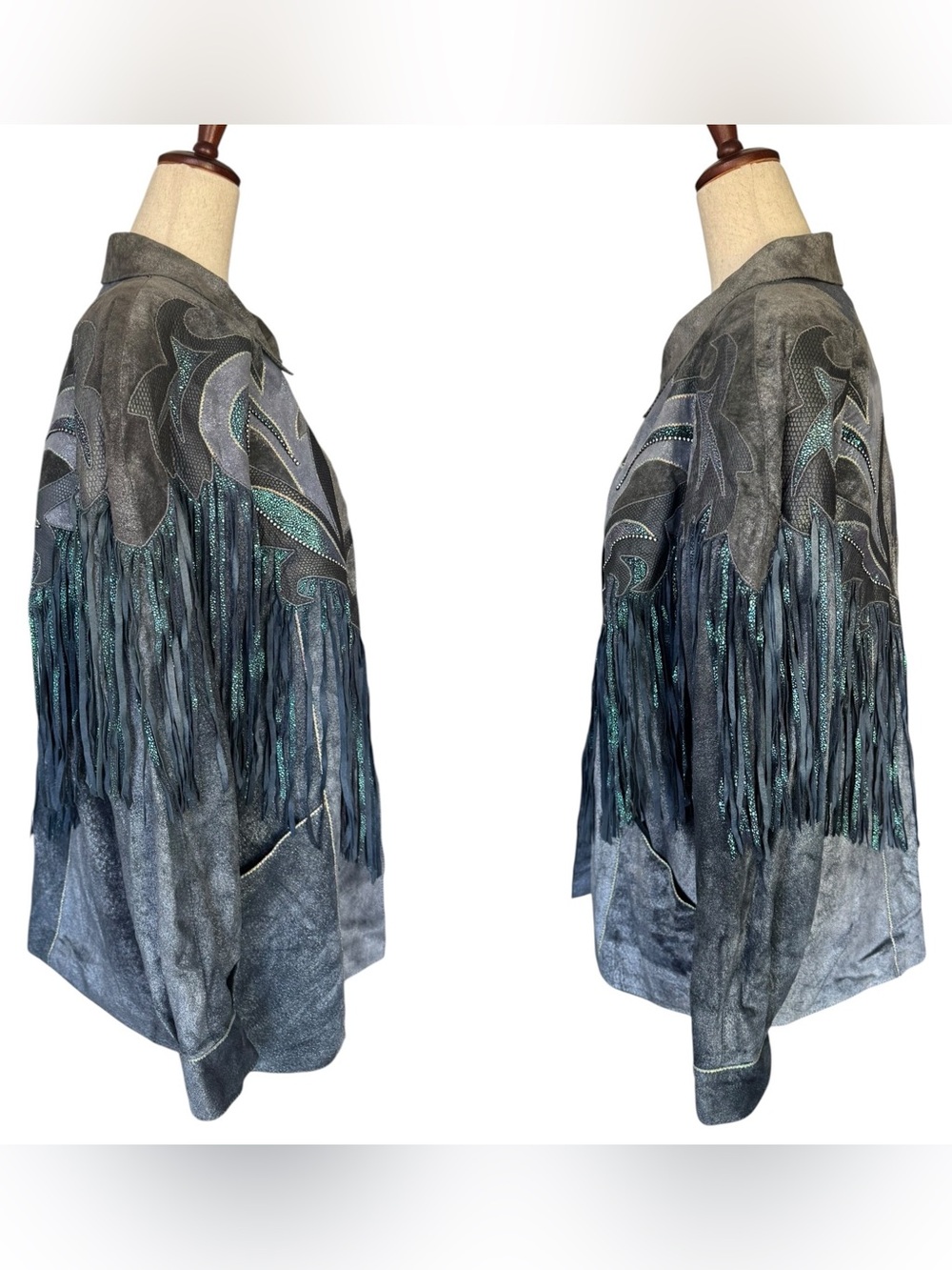 Vintage 80s Roberto Cavalli Fringed Metallic Blue Gray Suede Western Jacket XS - Picture 7 of 16
